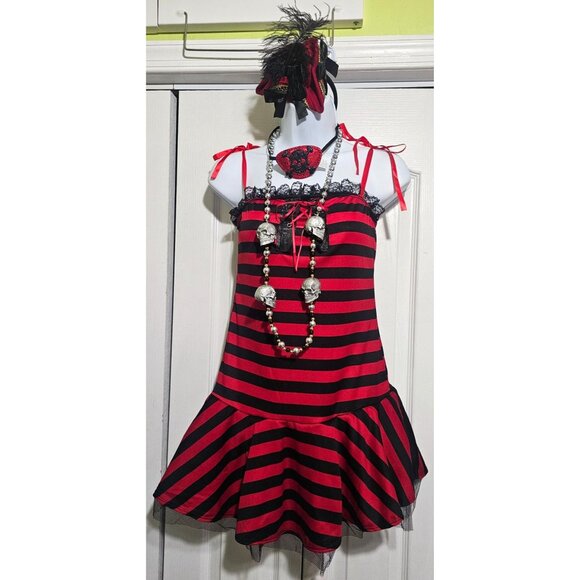 Glam Cute Pirate Costume Striped Dress Skull Mini Hat Sparkle Eyepatch Halloween - Picture 1 of 5
